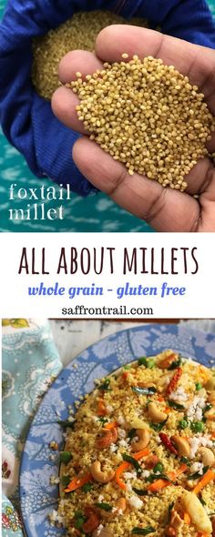 two pictures with different types of food in them and the words, all about millets