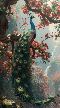 a painting of a peacock sitting on a tree branch with red flowers in the background