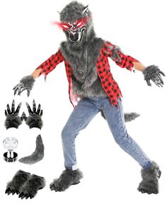 a man dressed up as a wolf with his hands and feet spread out in front of him