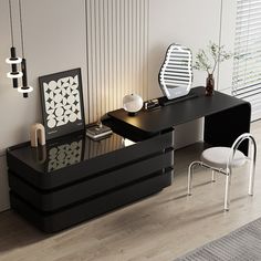 a black desk with two chairs and a mirror on it next to a white wall