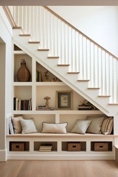 a white staircase with bookshelves and pillows on it