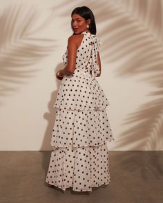 Mock neck Tiered Polka dot print Back zipper closure Back tie Lined 100% Polyester Runs Large Swim Shop, Tiered Maxi Dress, White Summer, Polka Dot Print, Dot Print, Modern Classic, Mock Neck, Polka Dot, Polka Dots