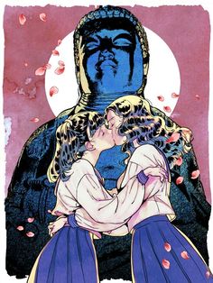 an illustration of two people kissing in front of a giant statue with petals falling from it