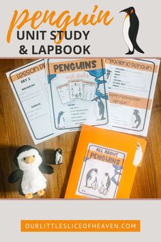 penguins unit study and lapbook with penguin figurines on the table next to it