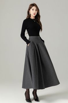 Gray Wool Skirt A Line Maxi Skirt Winter Skirt Long Wool - Etsy Long Winter Outfits, Western Dresses Winter, Maxi Skirt For Winter, Dark Long Skirt Outfits, Long Skirt Outfits For Winter Classy, What To Wear With Long Skirts, Winter Outfits Long Skirts, Skirts Outfits Winter, Casual Long Skirt Outfits