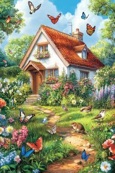 a painting of a house surrounded by flowers and butterflies