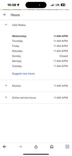 an iphone screenshot showing the time and hours for breakfast, lunch, and dinner