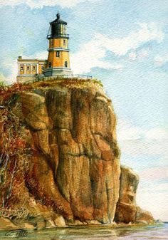 a painting of a lighthouse on top of a cliff