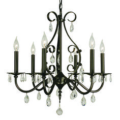 a black chandelier with crystal drops hanging from it's center and four arms