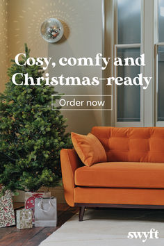 an orange couch sitting in front of a christmas tree with the words, cozy, comfy and christmas - ready order now