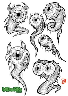 an image of some cartoon monsters with eyes and fangs on their heads, one is drawn in