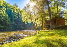 a cabin in the woods next to a river with trees and grass on both sides