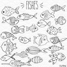 a coloring page with different types of fish in black and white, including the word fishes