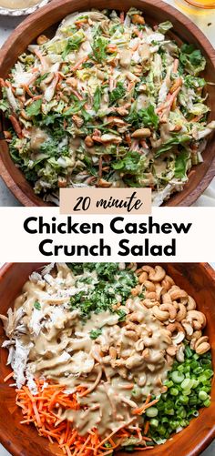 chicken cashew crunch salad in a wooden bowl with dressing on top and another side dish