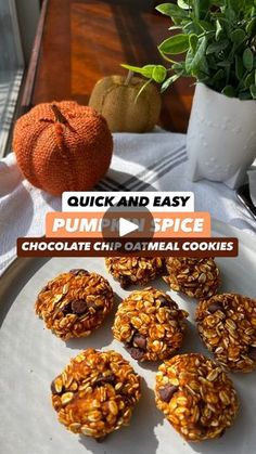 homemade granola cookies on a white plate with pumpkins in the background and text reading quick and easy rump recipe chocolate chip oatmeal cookies