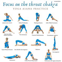 a woman doing yoga poses with the words focus on the throatt chakraa