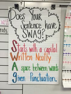 a bulletin board with writing on it next to a whiteboard that says do your sentence have swag?