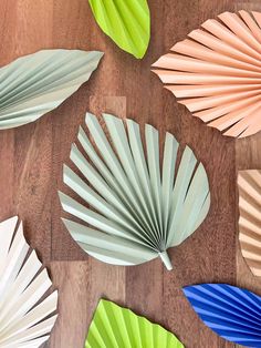 several different colored paper fans sitting on top of a wooden floor