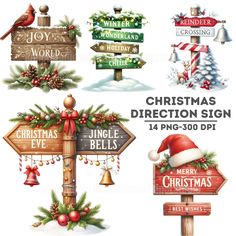 christmas signs and decorations are shown in this set, including pine cones, holly wreaths,