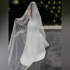 a woman in a wedding dress with a veil on her head