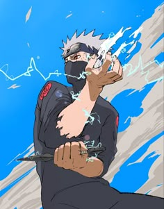 an anime character wearing a black outfit and holding two knives in his hand with blue sky behind him