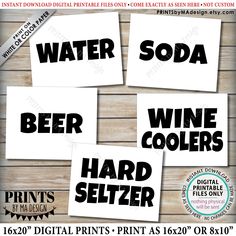 four water soda wine hard seltzer signs on wooden background with text that reads,