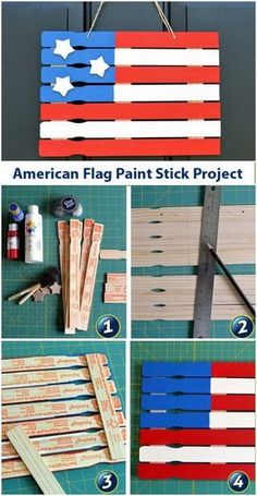 an american flag painted stick project is shown with instructions to make it look like they are made out of popsicle sticks