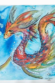 a watercolor painting of a dragon swimming in the ocean with bubbles on it's tail