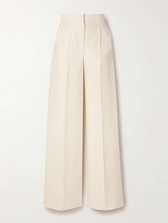 MAX MARA Hangar linen-twill wide-leg pants | NET-A-PORTER Matching Sets Pants, Chic Cream Bottoms With Pressed Crease, Cream Wide-leg Pants With Pressed Crease, Wide Leg Cream Pants With Pressed Crease, Tailored Cream Wide Leg Pants For Formal Occasions, Elegant White Linen Pants, Cream Linen Workwear Pants, Cream Linen Pants For Work, Cream Trousers With Pressed Crease