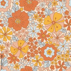 an abstract floral background with orange, yellow and blue flowers