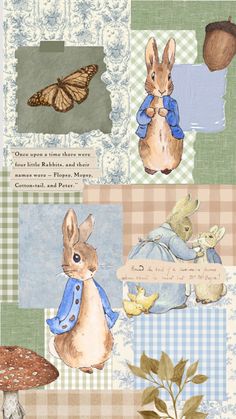 a collage of pictures with rabbits and butterflies