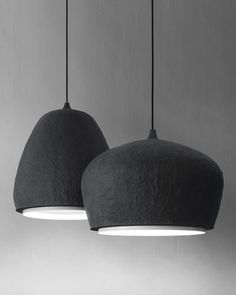 two black lamps hanging from the ceiling