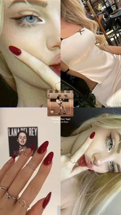 four different pictures of women with red nails and rings on their fingers, one is wearing a ring