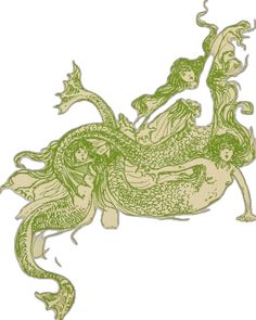 a drawing of a mermaid riding on top of a green sea horse with long hair