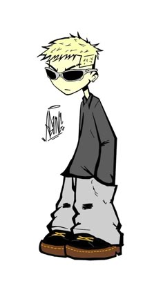 a drawing of a boy with sunglasses on top of his head and one foot in the air