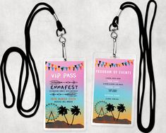 two luggage tags with lanyards attached to them on a white background, one has a palm tree and the other is a ferris wheel