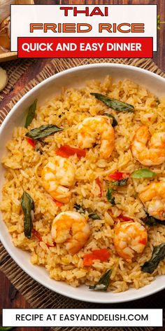 A bowl of Thai fried rice with shrimp. Thai Fried Rice Recipe, Coconut Fried Rice, Recipe With Shrimp, Shrimp Coconut, Thai Fried Rice, Quick Pasta Recipes, Best Thai, Dinner Meal, Global Cuisine