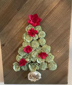 a christmas tree made out of succulents on a wooden board with red and green flowers