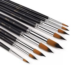 six black and orange paint brushes lined up in a row on top of each other