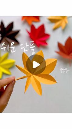 a person holding a paper flower in front of colorful leaves