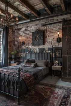 a bedroom with exposed brick walls and an iron bed frame in the middle, surrounded by antique rugs