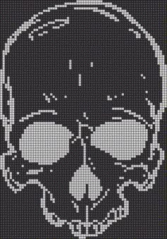 a cross stitch pattern with a skull on the front and side of it, in black and white