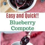 a spoon full of blueberry compote with the words easy and quick