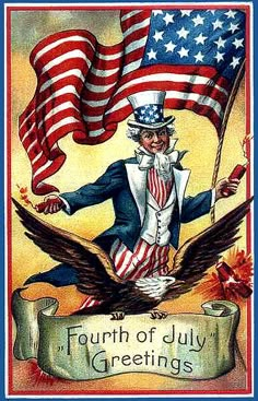 an image of a patriotic man holding the american flag and flying his eagle with words that read, fourth of july greetings