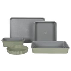 an assortment of baking dishes and pans