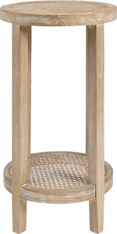 a small wooden table with a wicker basket underneath the top on an isolated white background