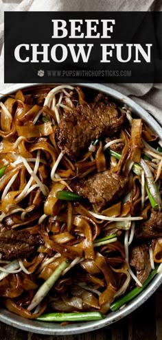 beef chow mein in a bowl with noodles and green onions on the side text overlay reads beef chow fun