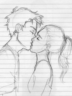 a drawing of two people kissing each other on lined paper with the caption's name