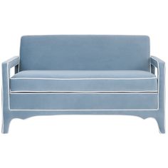 a light blue couch with white piping on the armrests and back rest