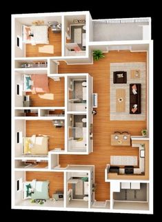 an overhead view of a three bedroom apartment